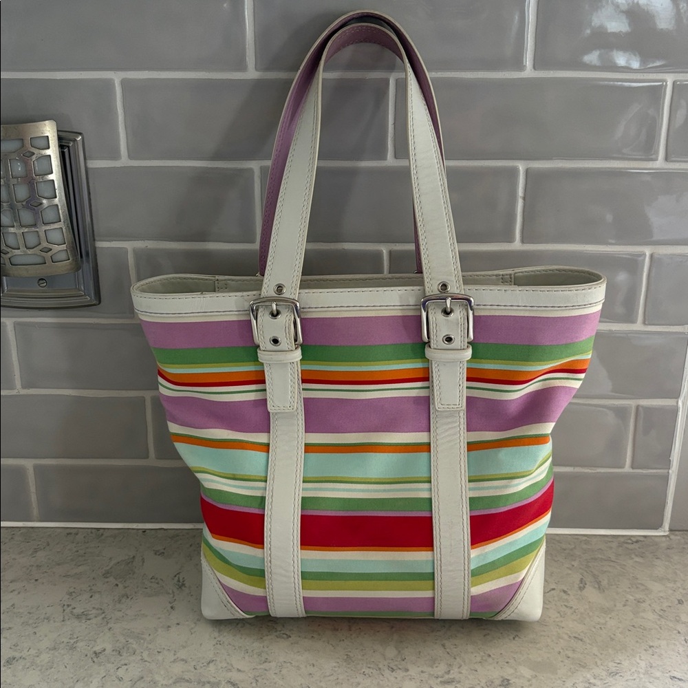 Coach Y2K 2007 Hampton Multi-Color Stripe Medium Canvas/ Leather Tote F10705 - Picture 2 of 15